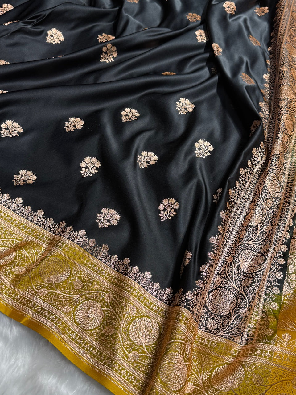 Black - Lemon Mustard Banarasi Boota Katan Silk Saree