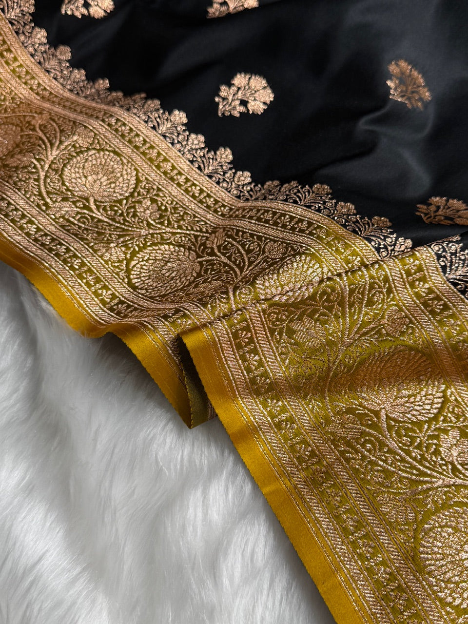 Black - Lemon Mustard Banarasi Boota Katan Silk Saree
