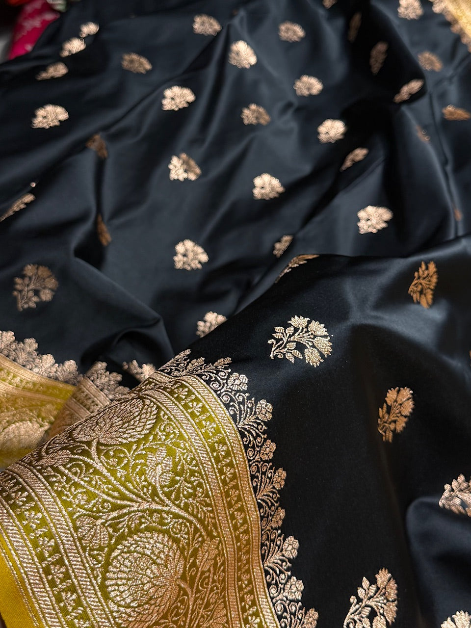 Black - Lemon Mustard Banarasi Boota Katan Silk Saree