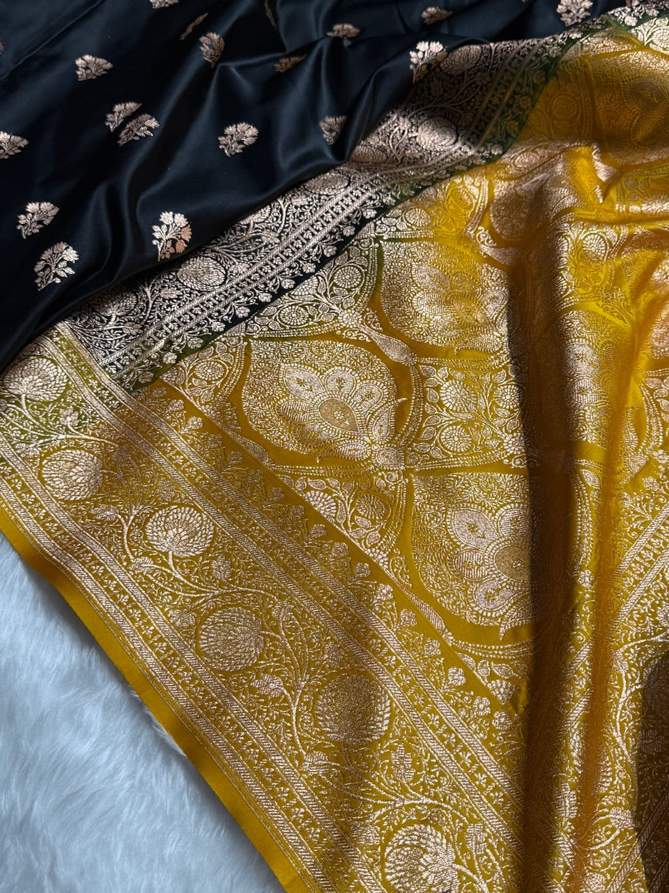 Black - Lemon Mustard Banarasi Boota Katan Silk Saree