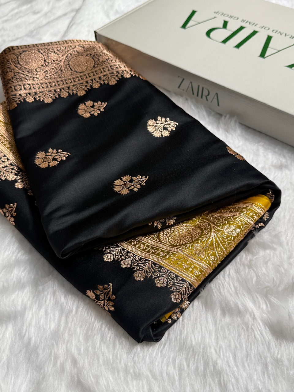 Black - Lemon Mustard Banarasi Boota Katan Silk Saree