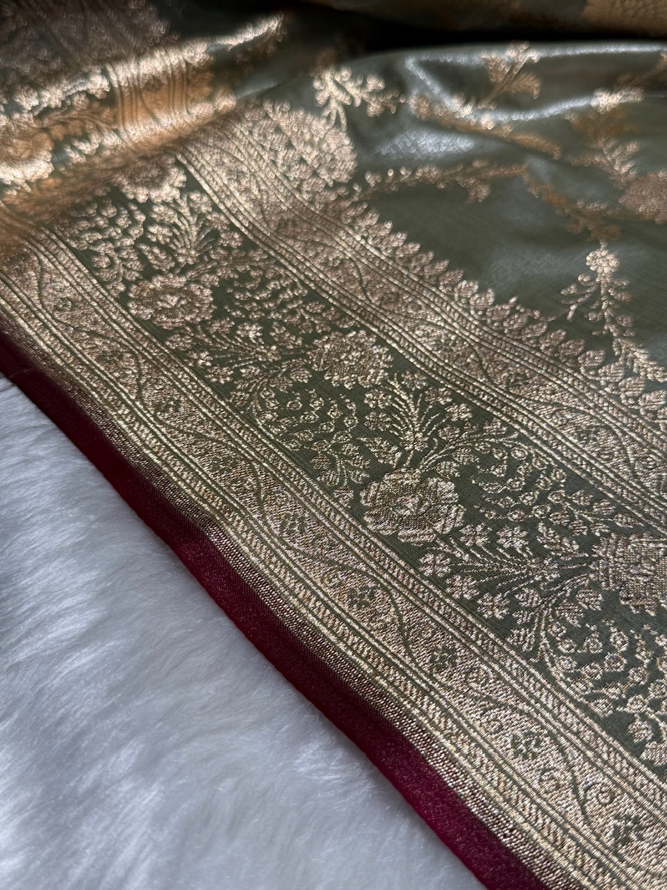 Satin Silk Jaal in Greyish Mehendi Shades SS14