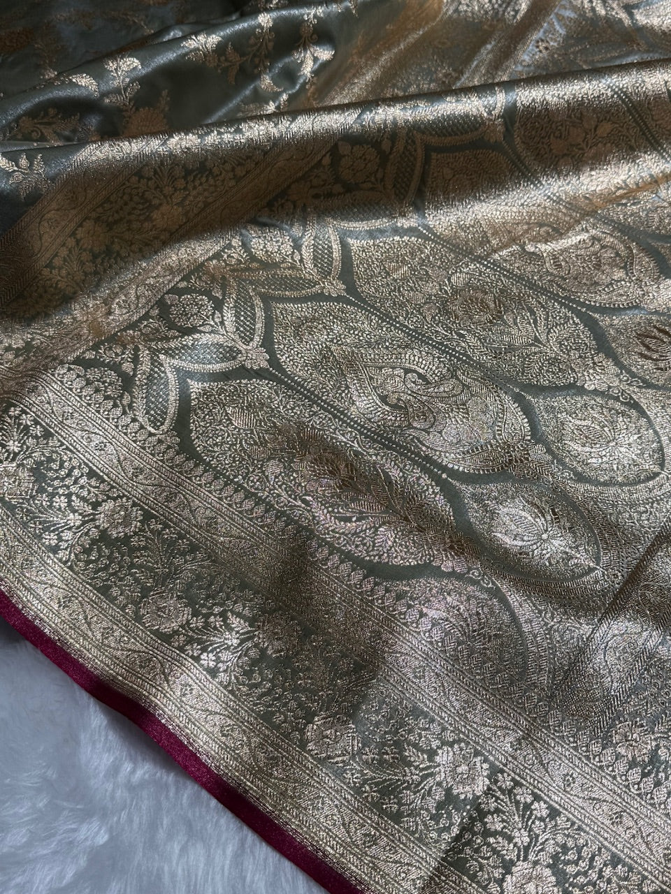 Satin Silk Jaal in Greyish Mehendi Shades SS14