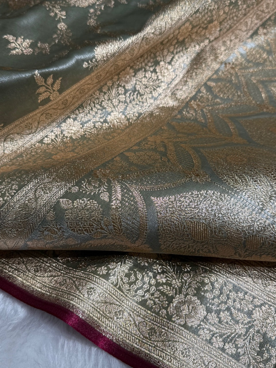 Satin Silk Jaal in Greyish Mehendi Shades SS14