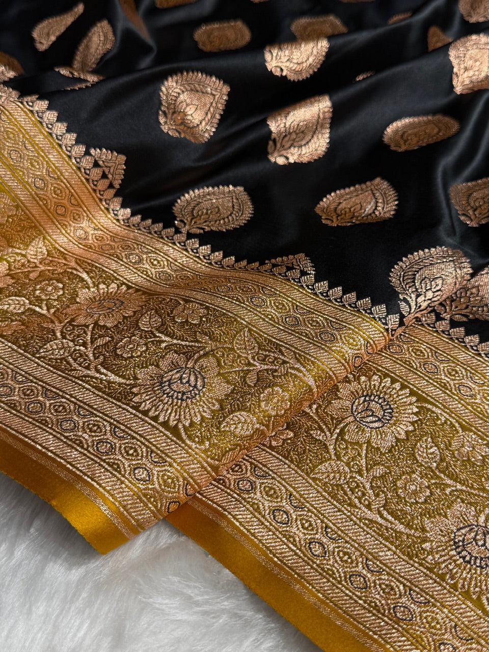 Black with Lemon Mustard Banarasi Boota Katan Silk Saree