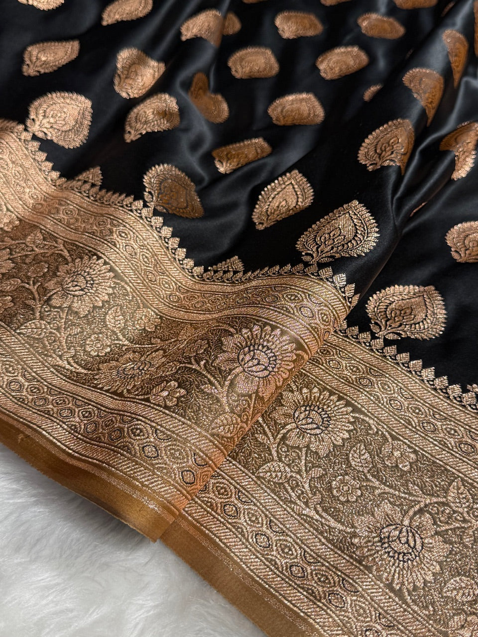 Black with Tusser Banarasi Boota Katan Silk Saree