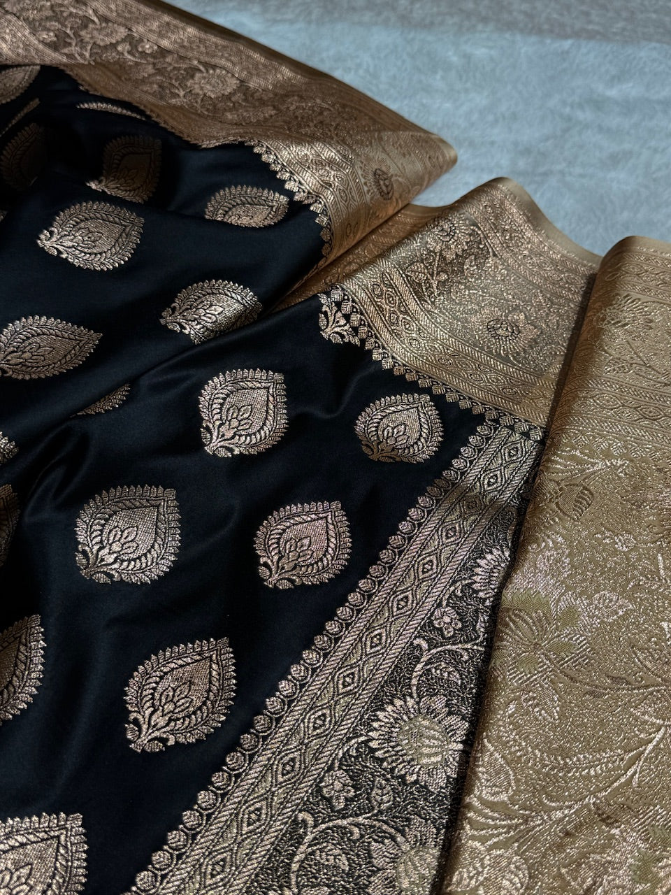 Black with Tusser Banarasi Boota Katan Silk Saree