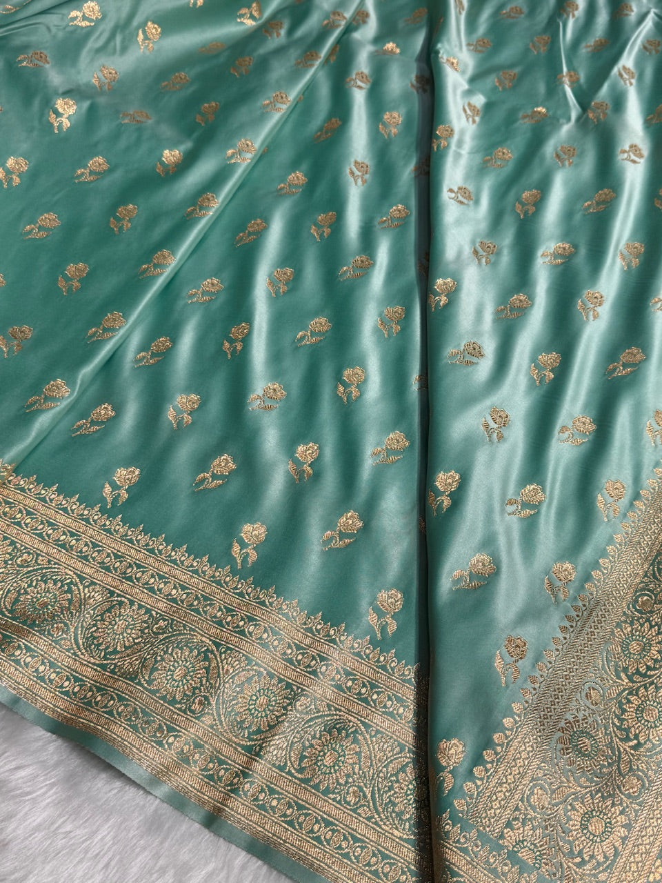Sea Green Floral Booti Katan Silk Saree with strip blouse SK13