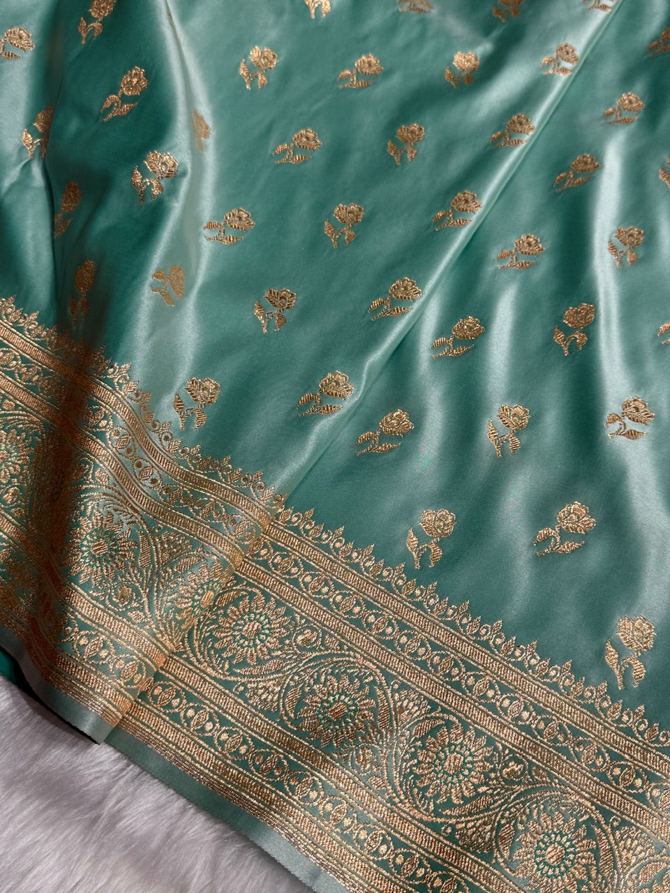 Sea Green Floral Booti Katan Silk Saree with strip blouse SK13