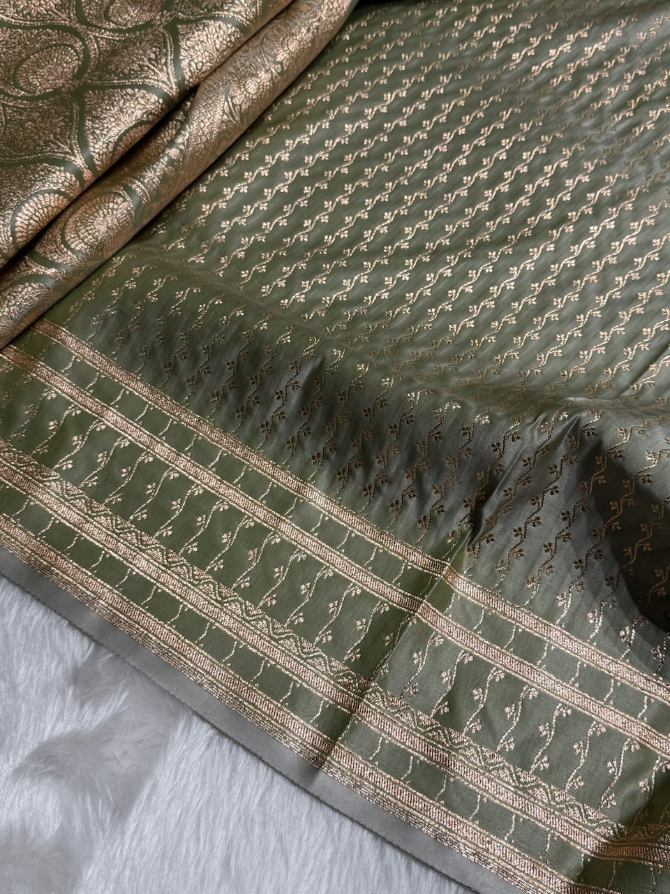 Light Mehandi Floral Booti Katan Silk Saree with strip blouse SK13