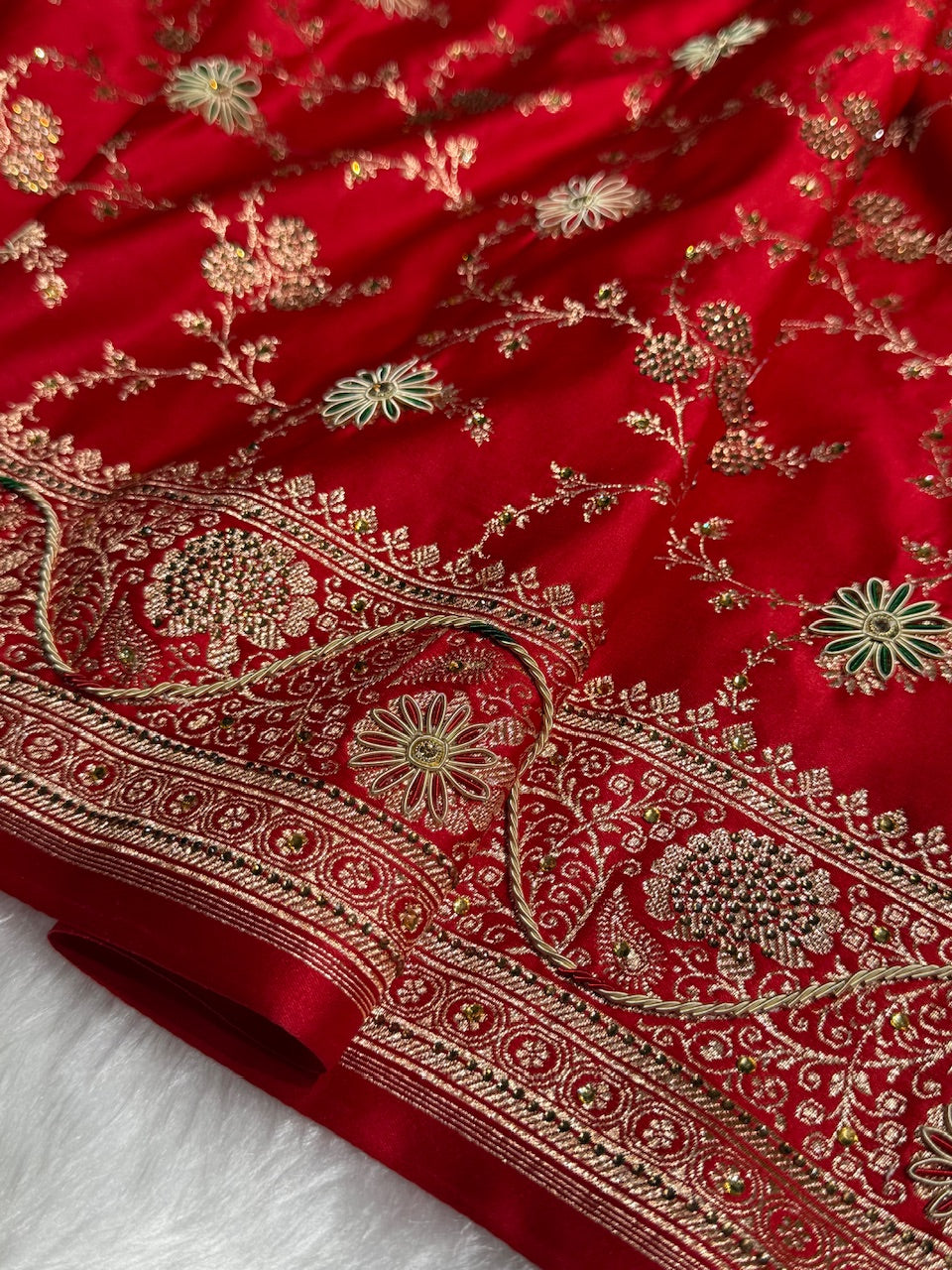 Bridal Red Banarasi Katan Silk Saree with Zardozi & Swarovski work