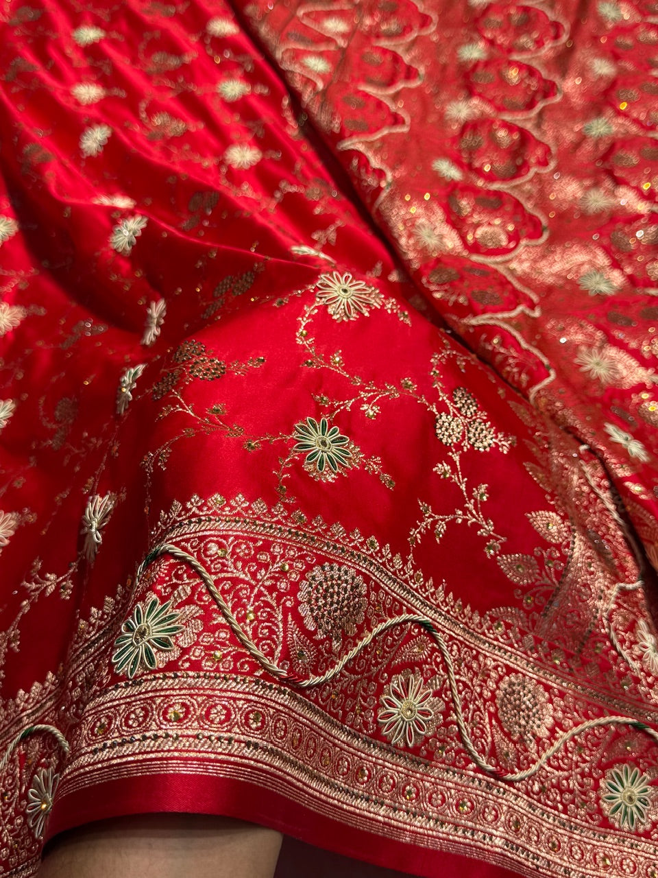 Bridal Red Banarasi Katan Silk Saree with Zardozi & Swarovski work