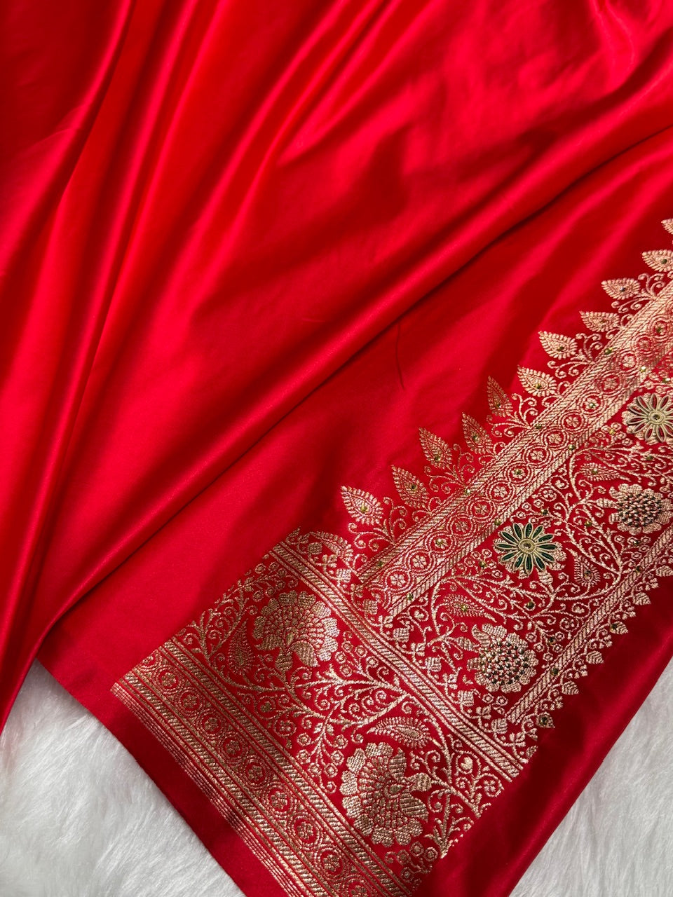 Bridal Red Banarasi Katan Silk Saree with Zardozi & Swarovski work