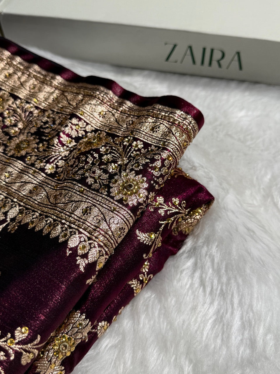 Light Weight Wine Satin Silk Saree with Swarovski work BSS14
