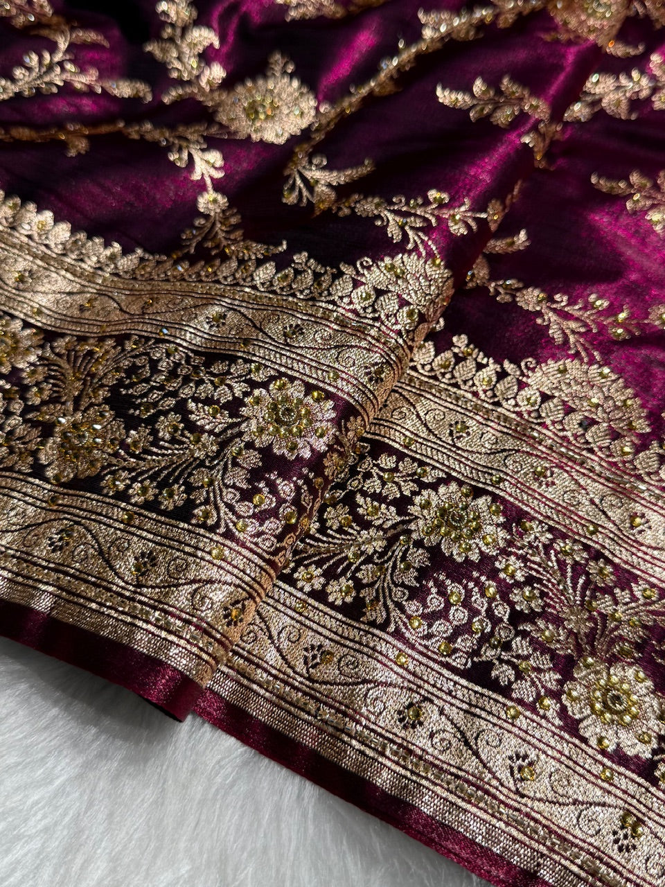 Light Weight Wine Satin Silk Saree with Swarovski work BSS14