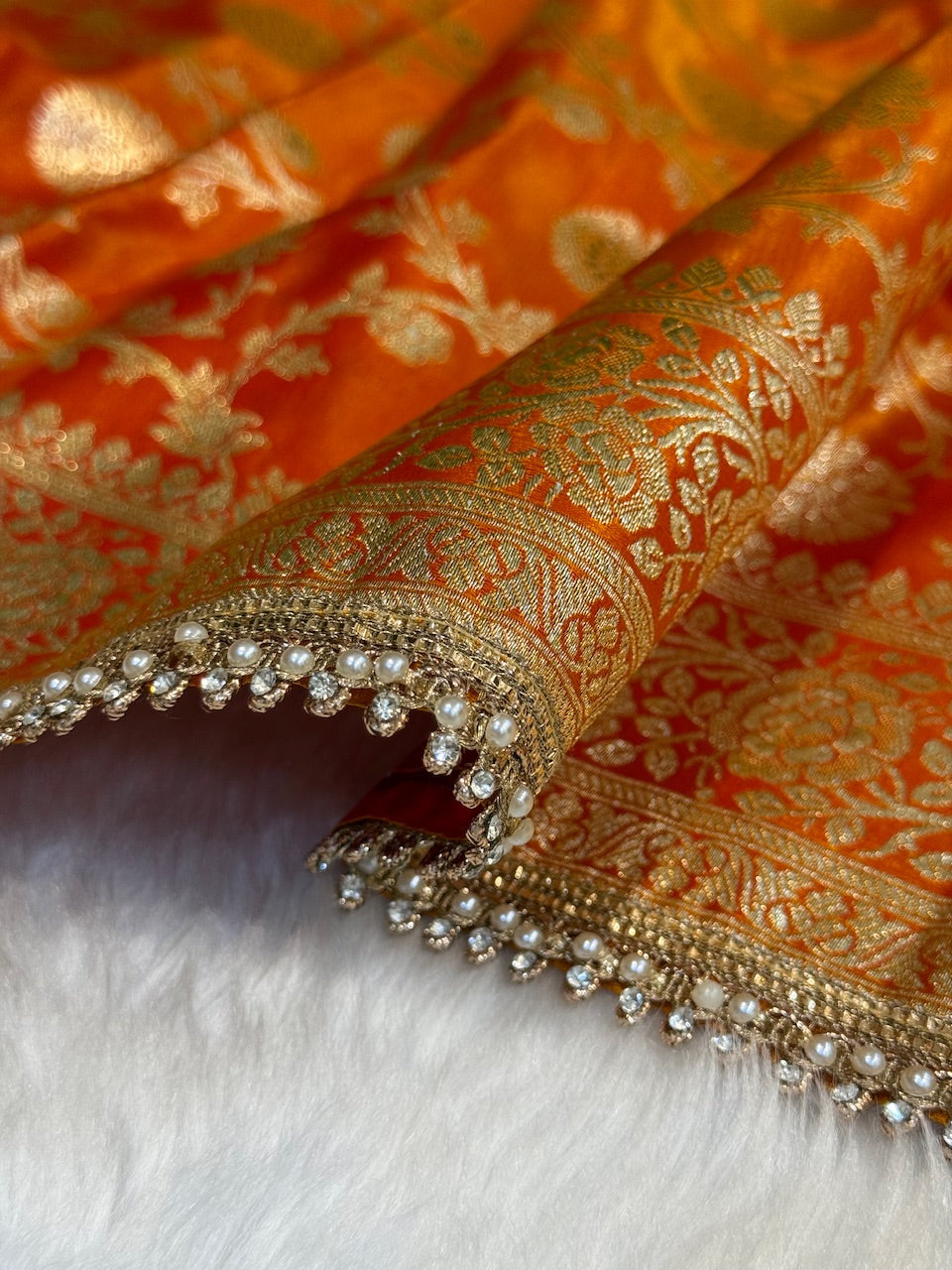 Orange Gold Satin Silk Saree with Gota Patti SSGP15