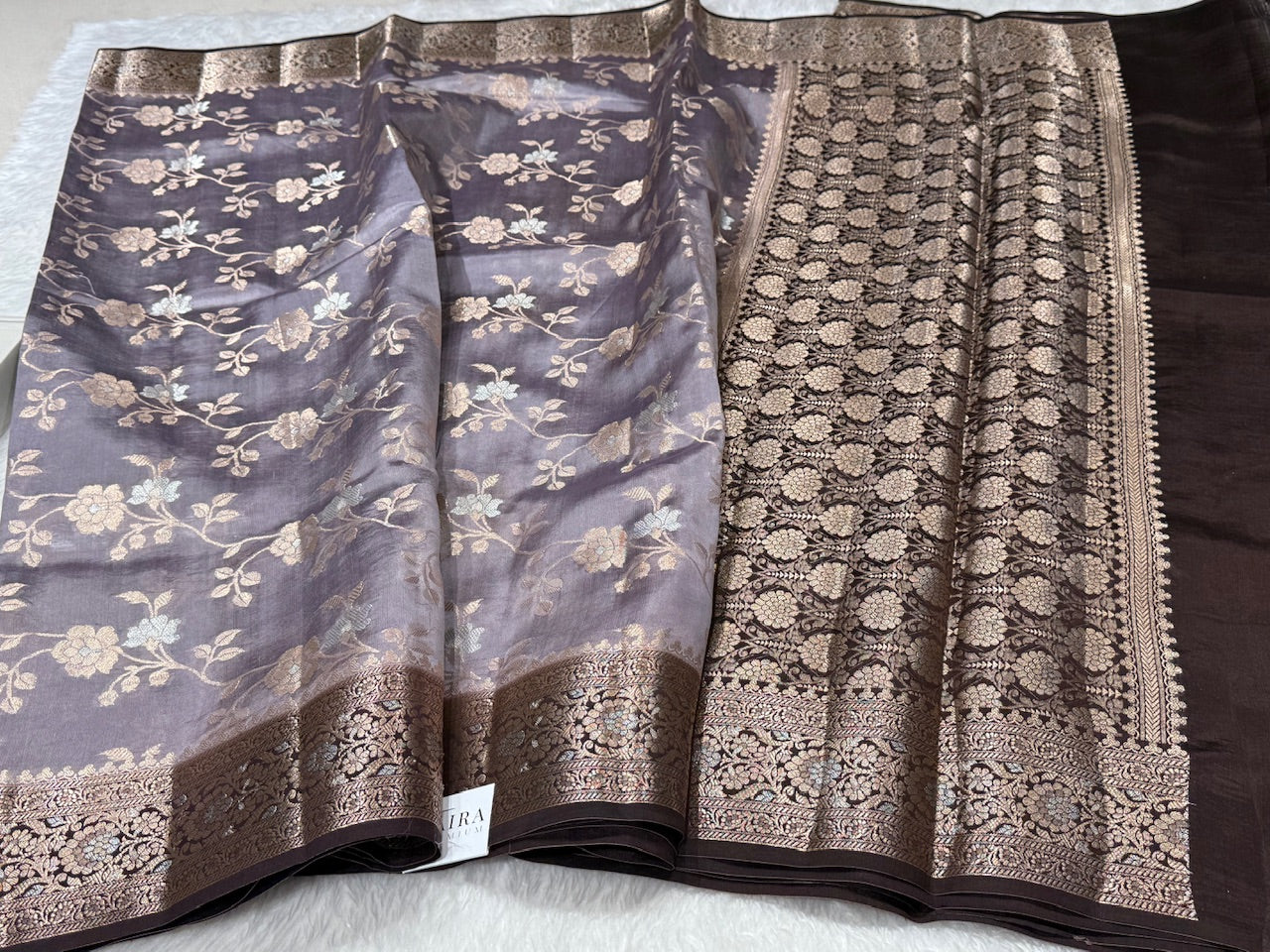 Gray Brown Chocolate Contrast Pure Caramel Silk Saree