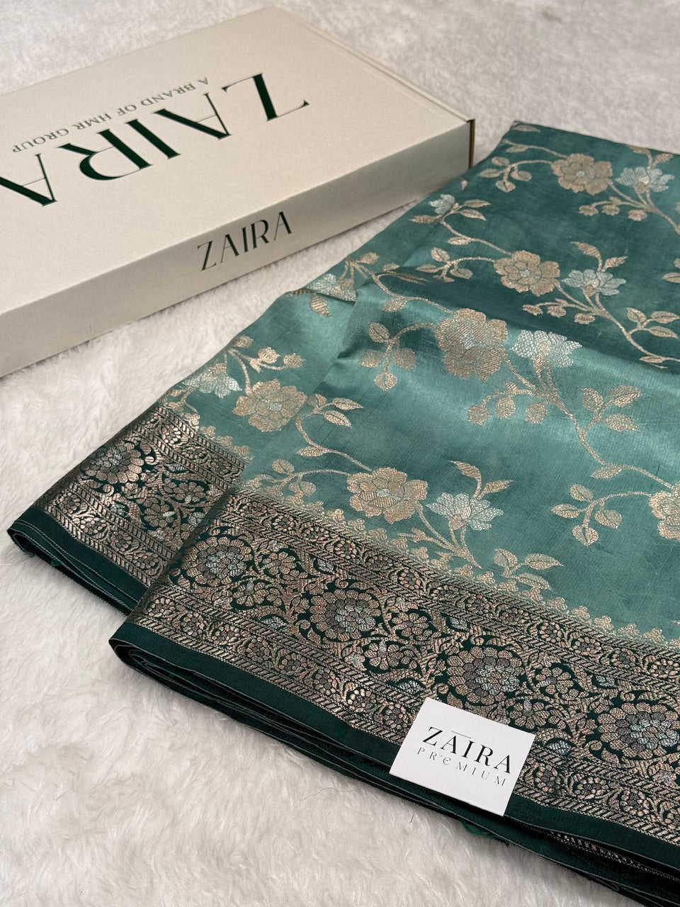Turquoise Bottle Green Contrast Pure Caramel Silk Saree