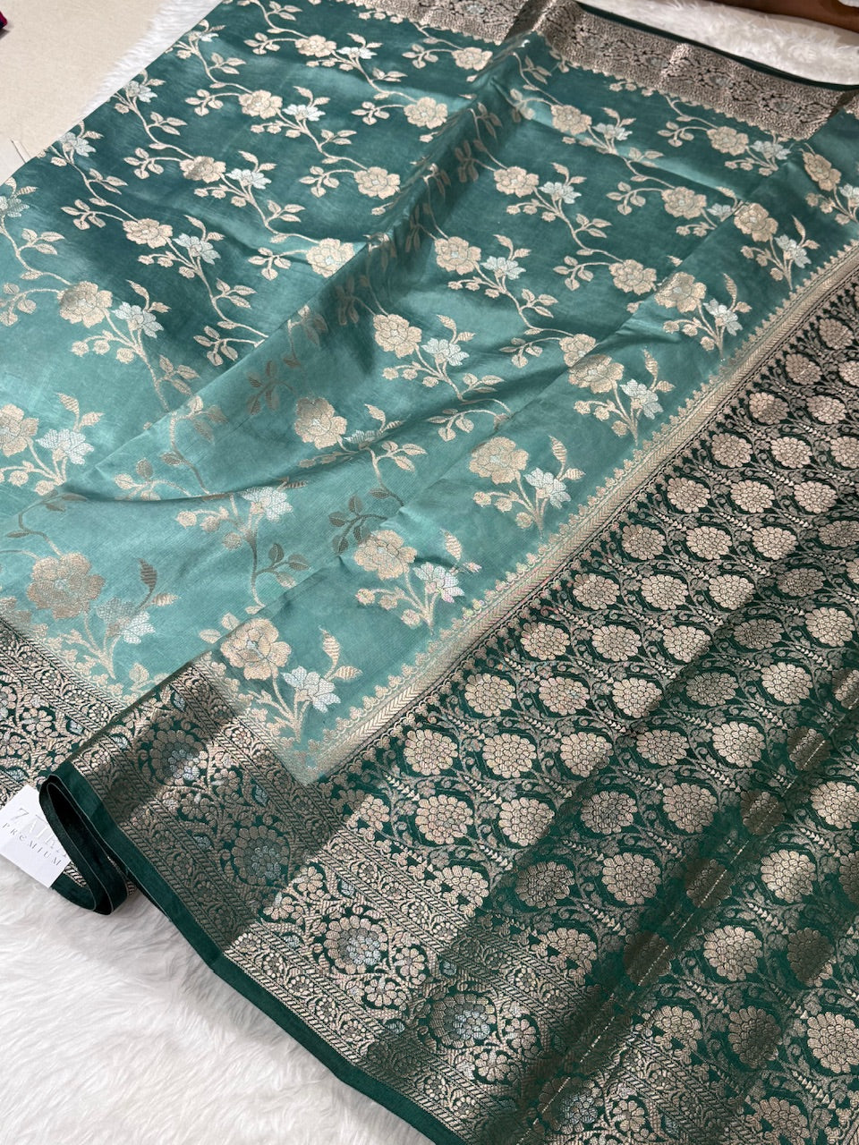 Turquoise Bottle Green Contrast Pure Caramel Silk Saree