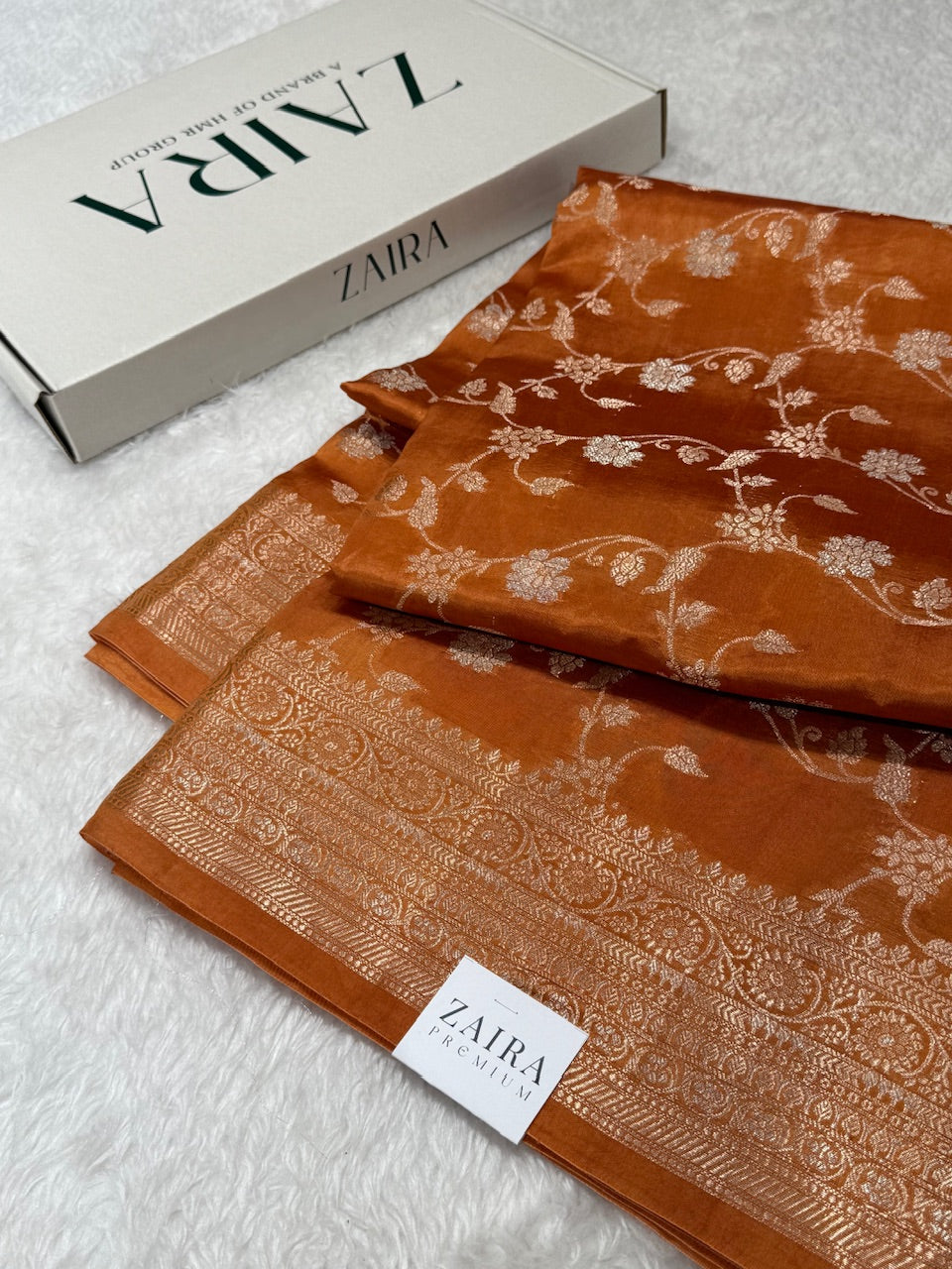 Rust Banarasi Jaal Pure Caramel Silk Saree