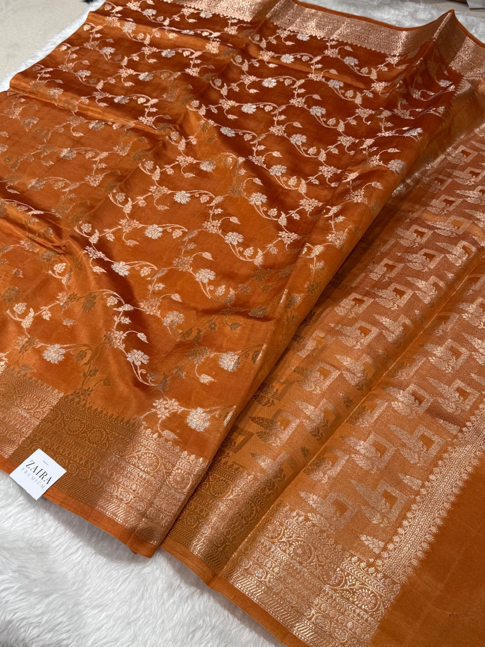 Rust Banarasi Jaal Pure Caramel Silk Saree