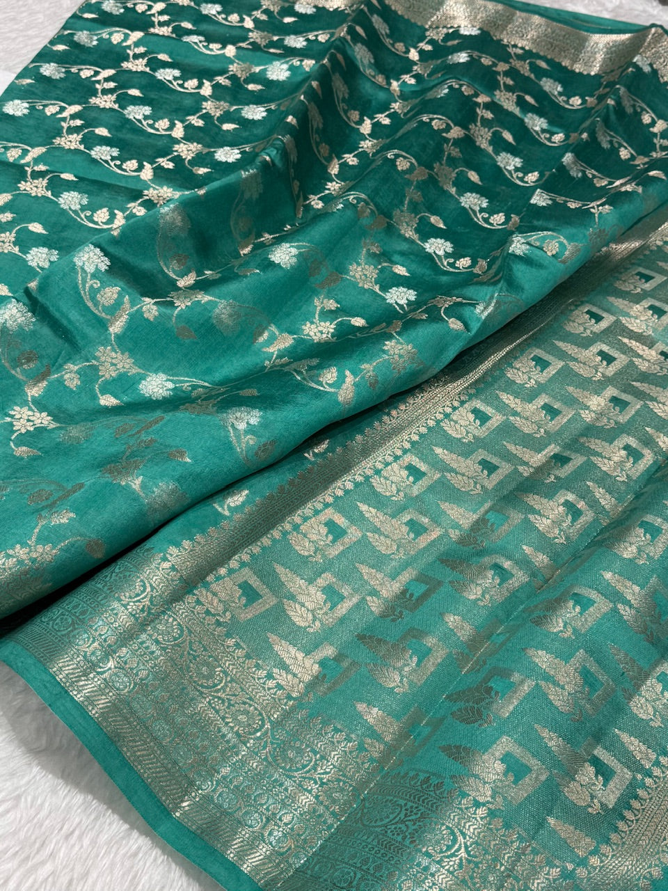 Turqoise Banarasi Jaal Pure Caramel Silk Saree