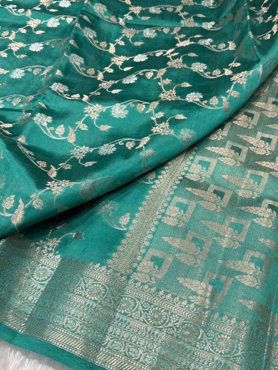 Turqoise Banarasi Jaal Pure Caramel Silk Saree
