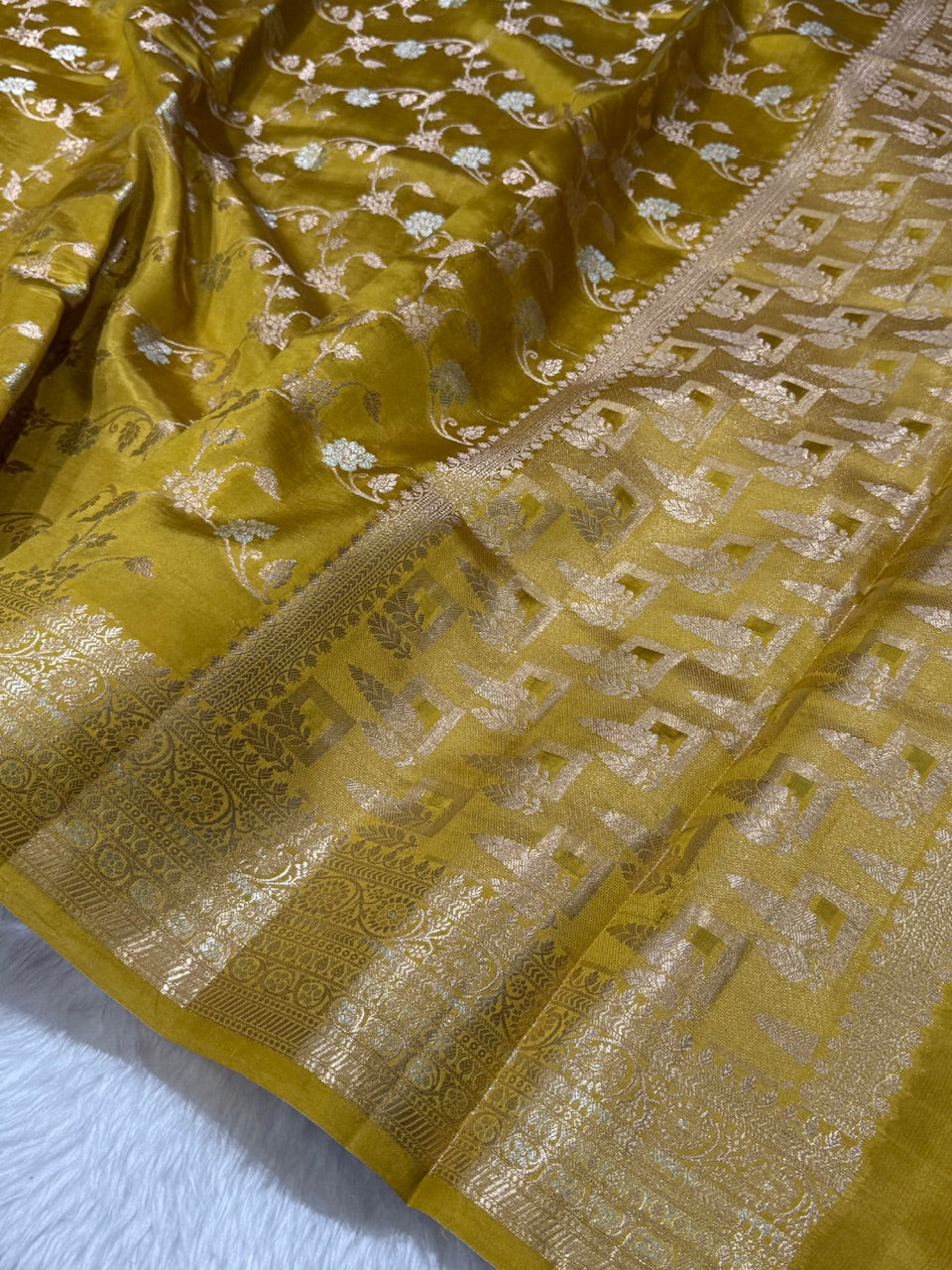 Mustard Banarasi Jaal Pure Caramel Silk Saree