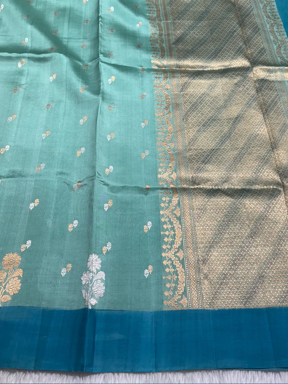 Aqua Blue Contrast Handwoven Paper Mango Silk