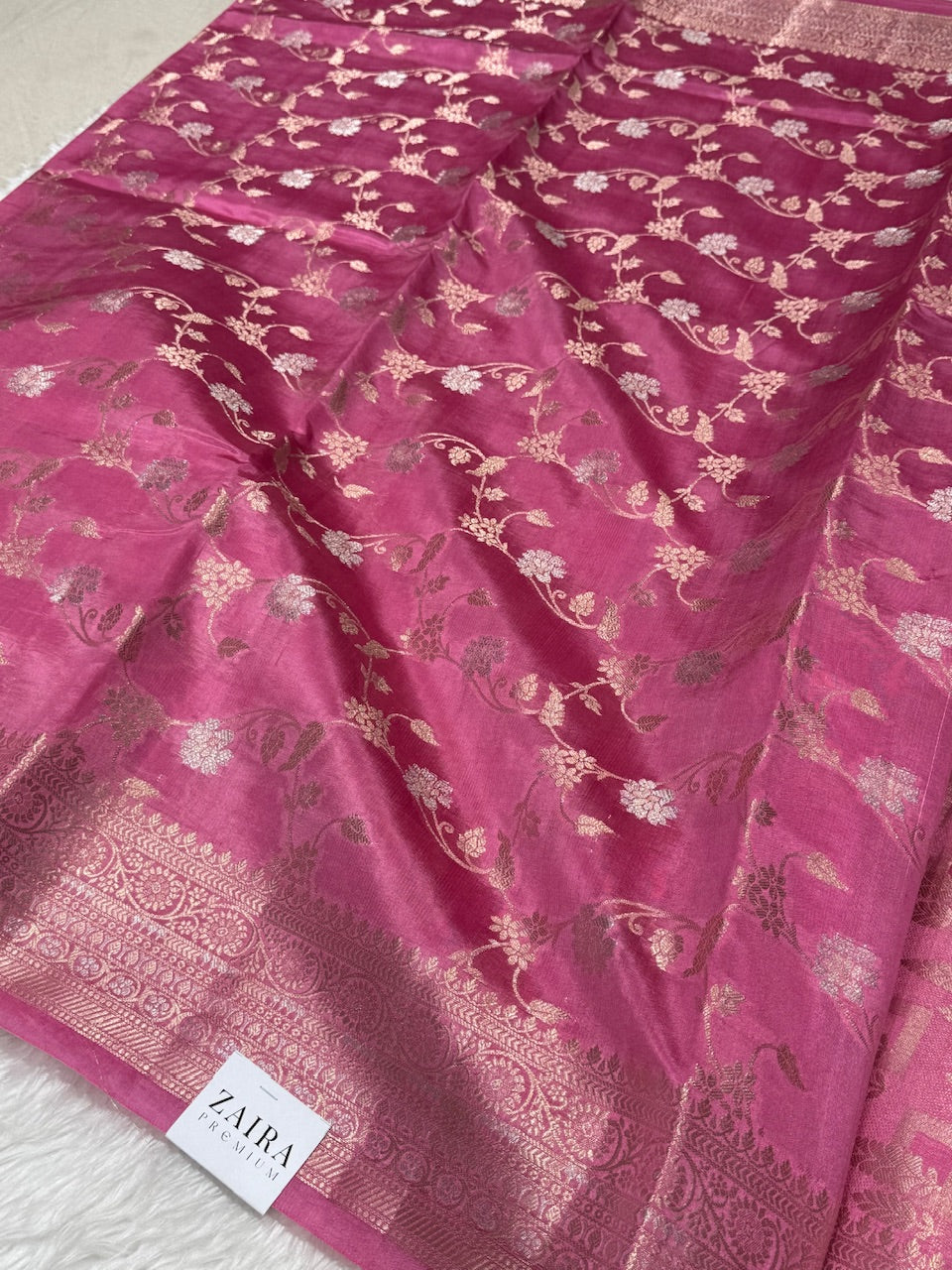 Baby Pink Banarasi Jaal Pure Caramel Silk Saree