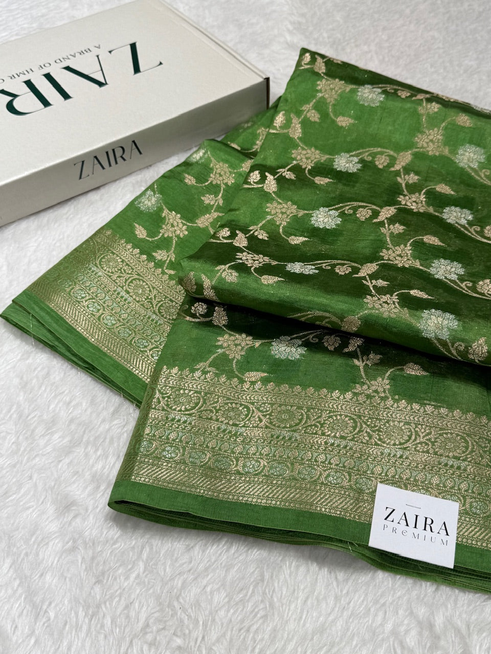 Mehandi Green Banarasi Jaal Pure Caramel Silk Saree