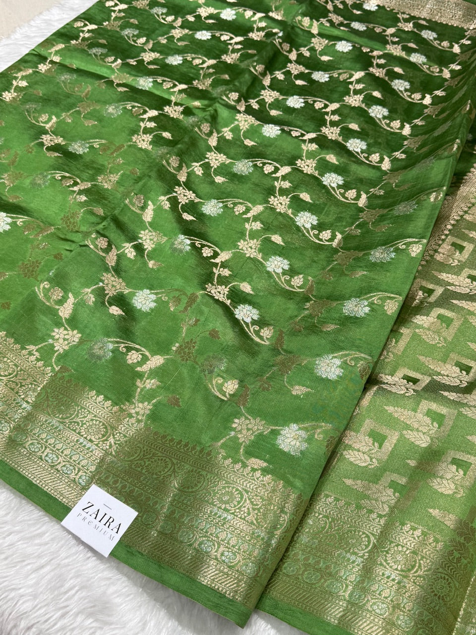 Mehandi Green Banarasi Jaal Pure Caramel Silk Saree