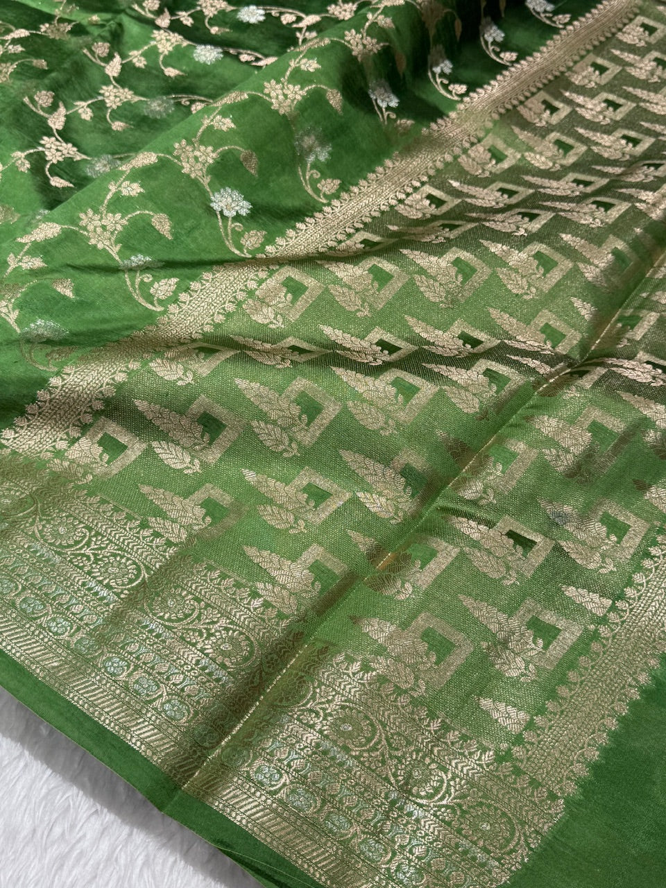 Mehandi Green Banarasi Jaal Pure Caramel Silk Saree