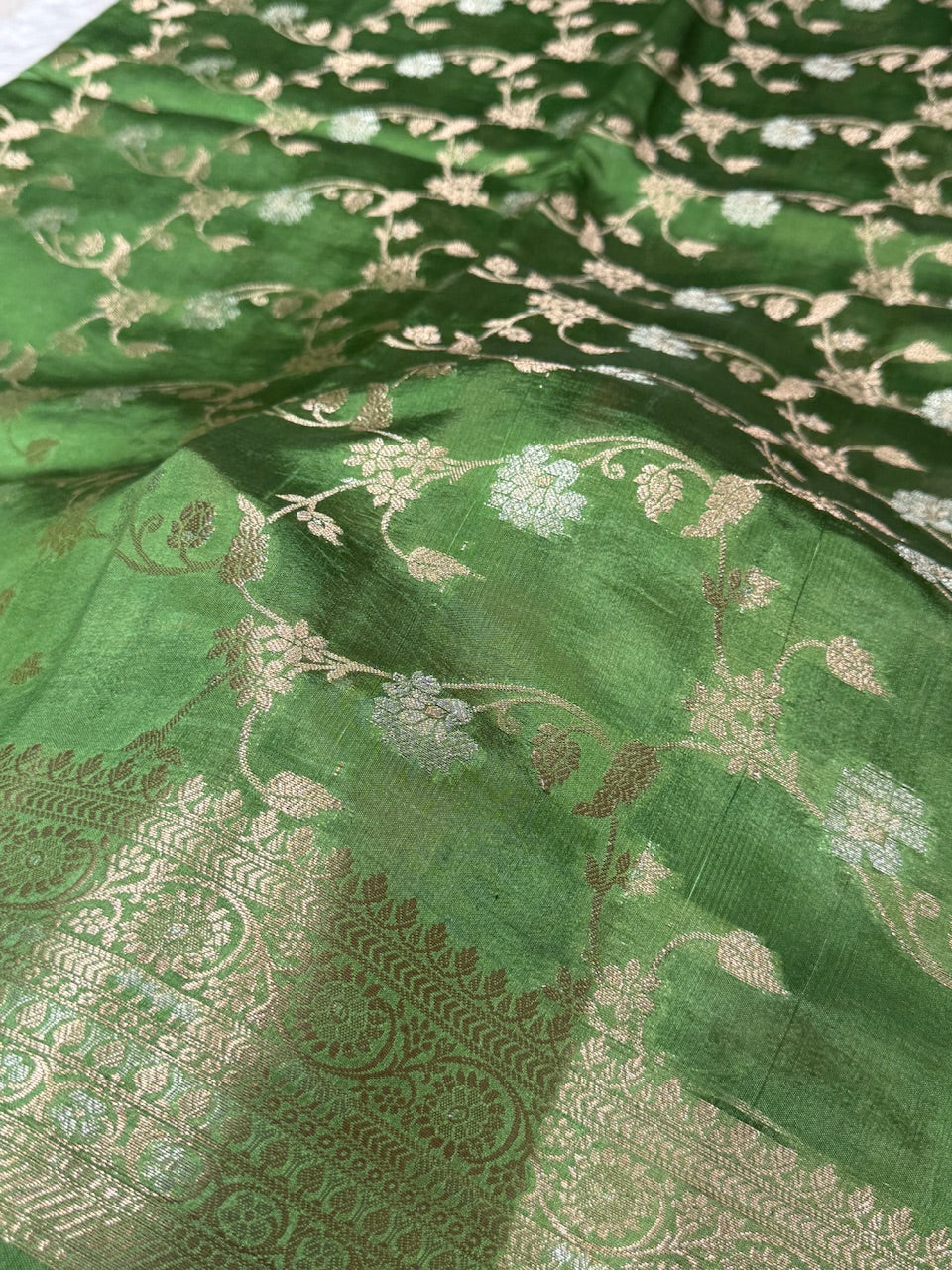 Mehandi Green Banarasi Jaal Pure Caramel Silk Saree