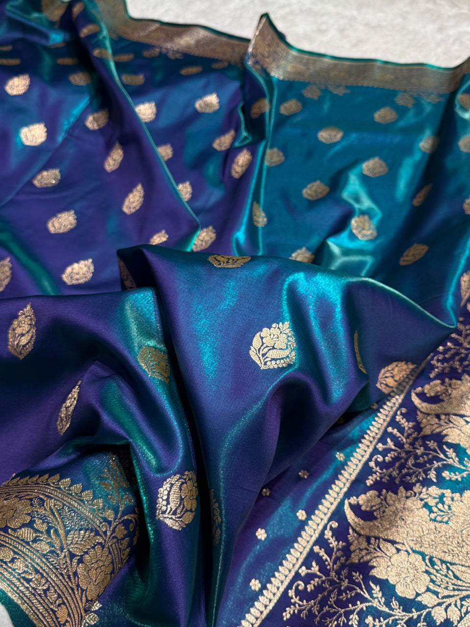 Satin Silk Booti in Teal Blue / Peacock SS20