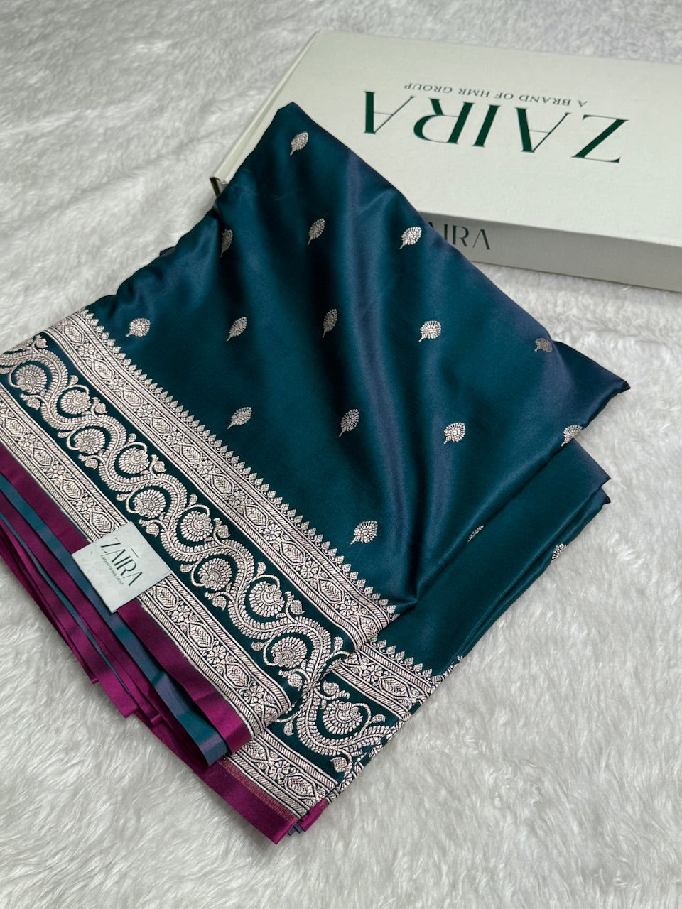 Prussion Blue Motif Mashru Silk Saree