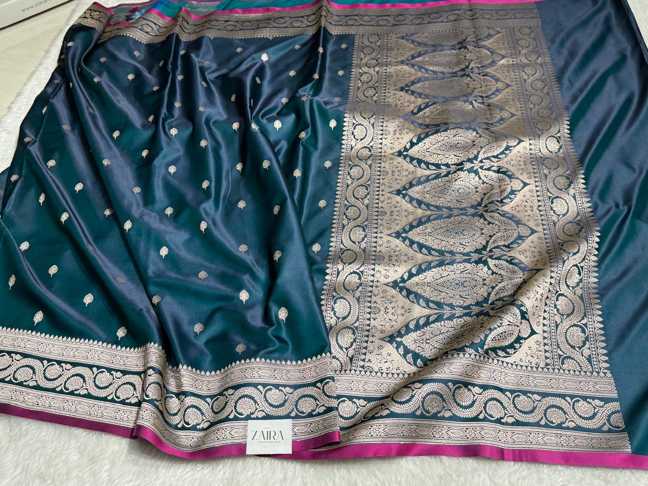 Prussion Blue Motif Mashru Silk Saree
