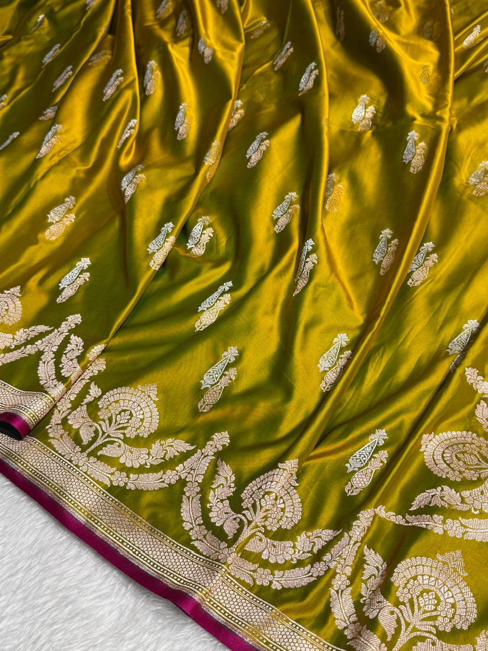 Olive Green Dual Zari Booti Mashru Silk Saree