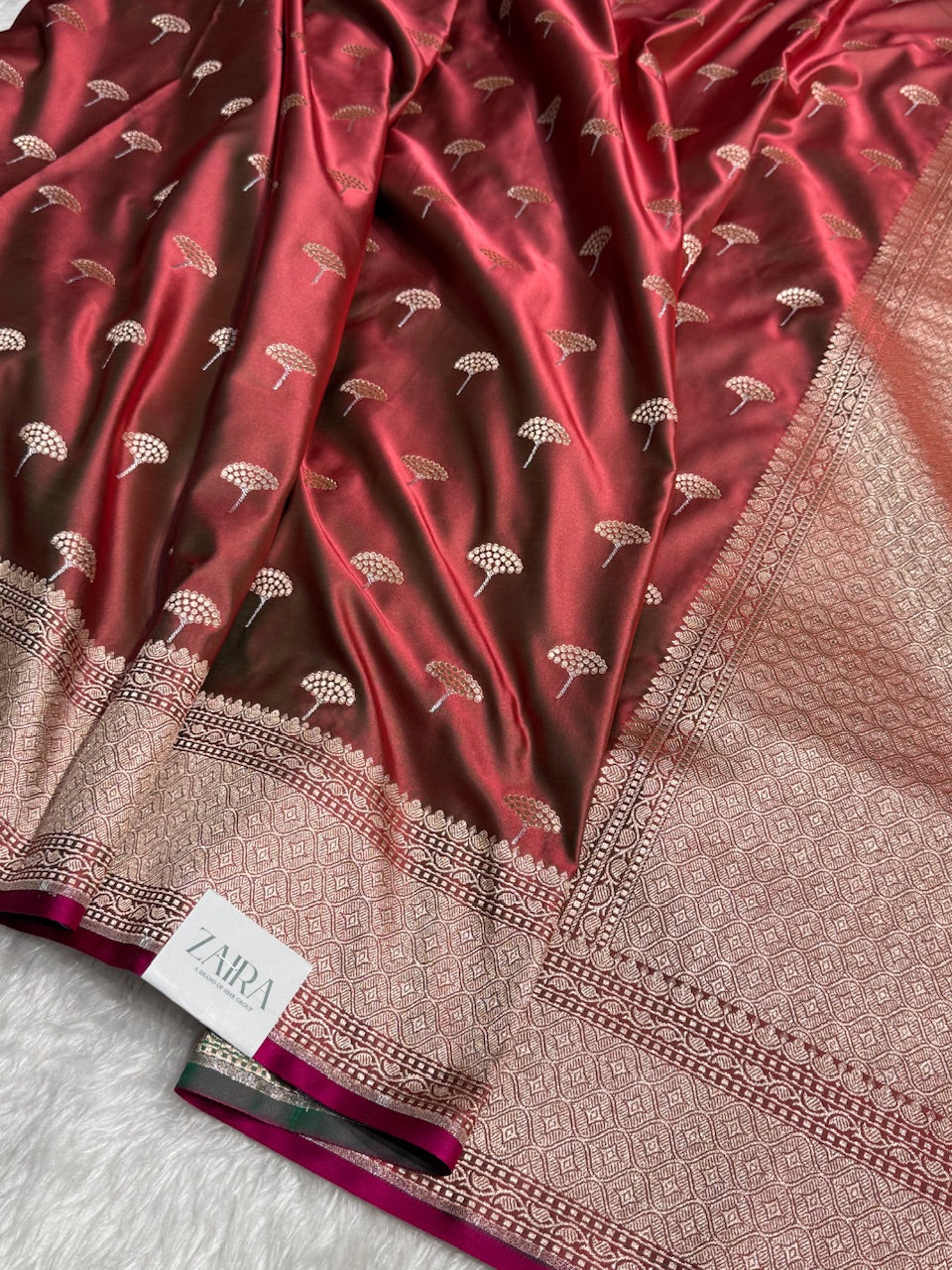 Red Brown floral Motif Mashru Silk Saree