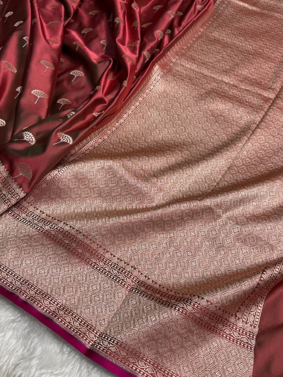 Red Brown floral Motif Mashru Silk Saree