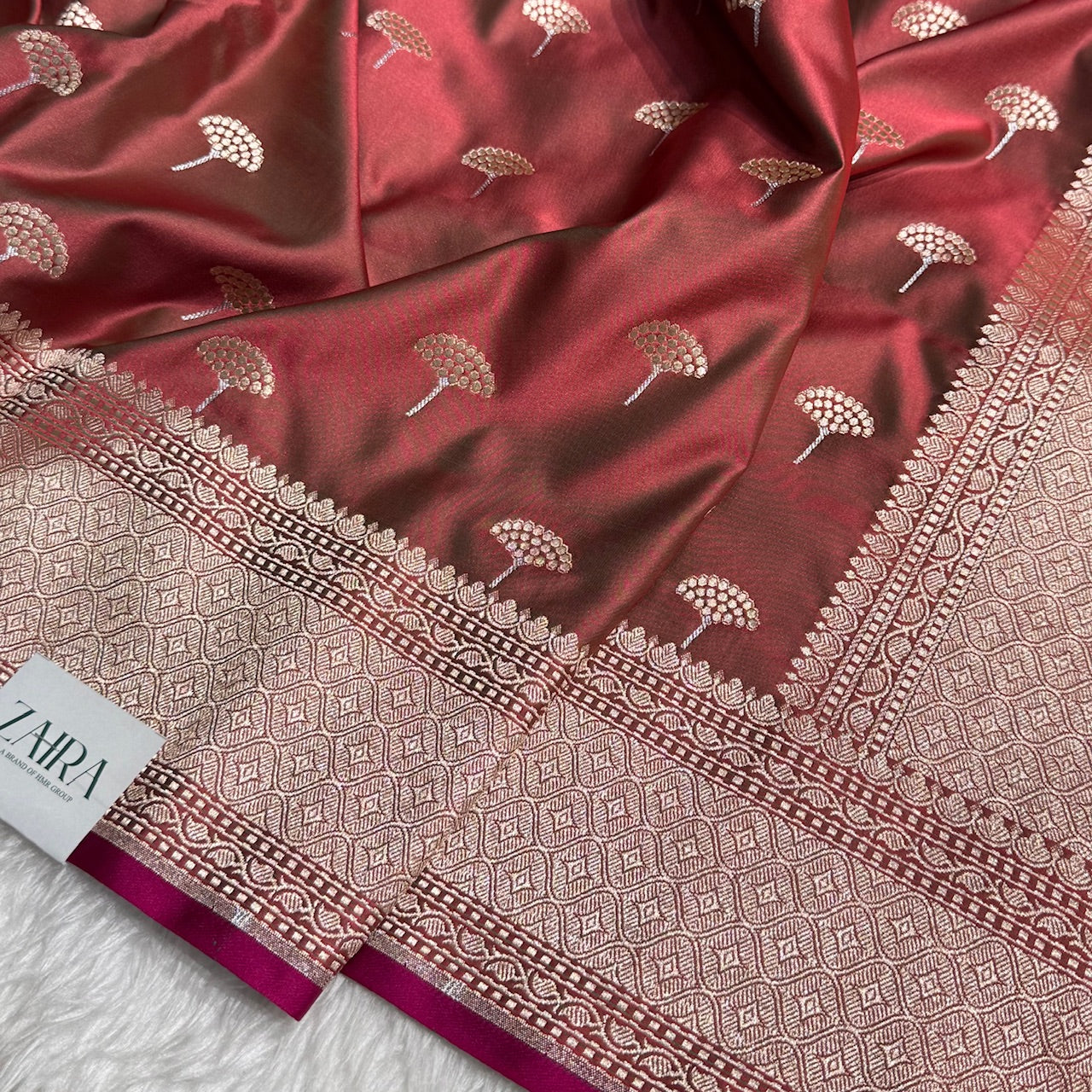 Red Brown floral Motif Mashru Silk Saree