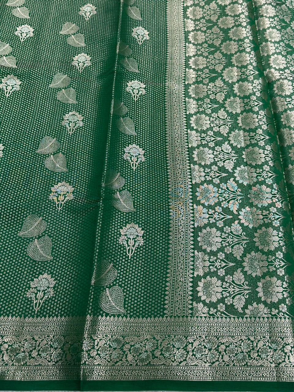 Dark Green Boota Pure Caramel Silk Saree