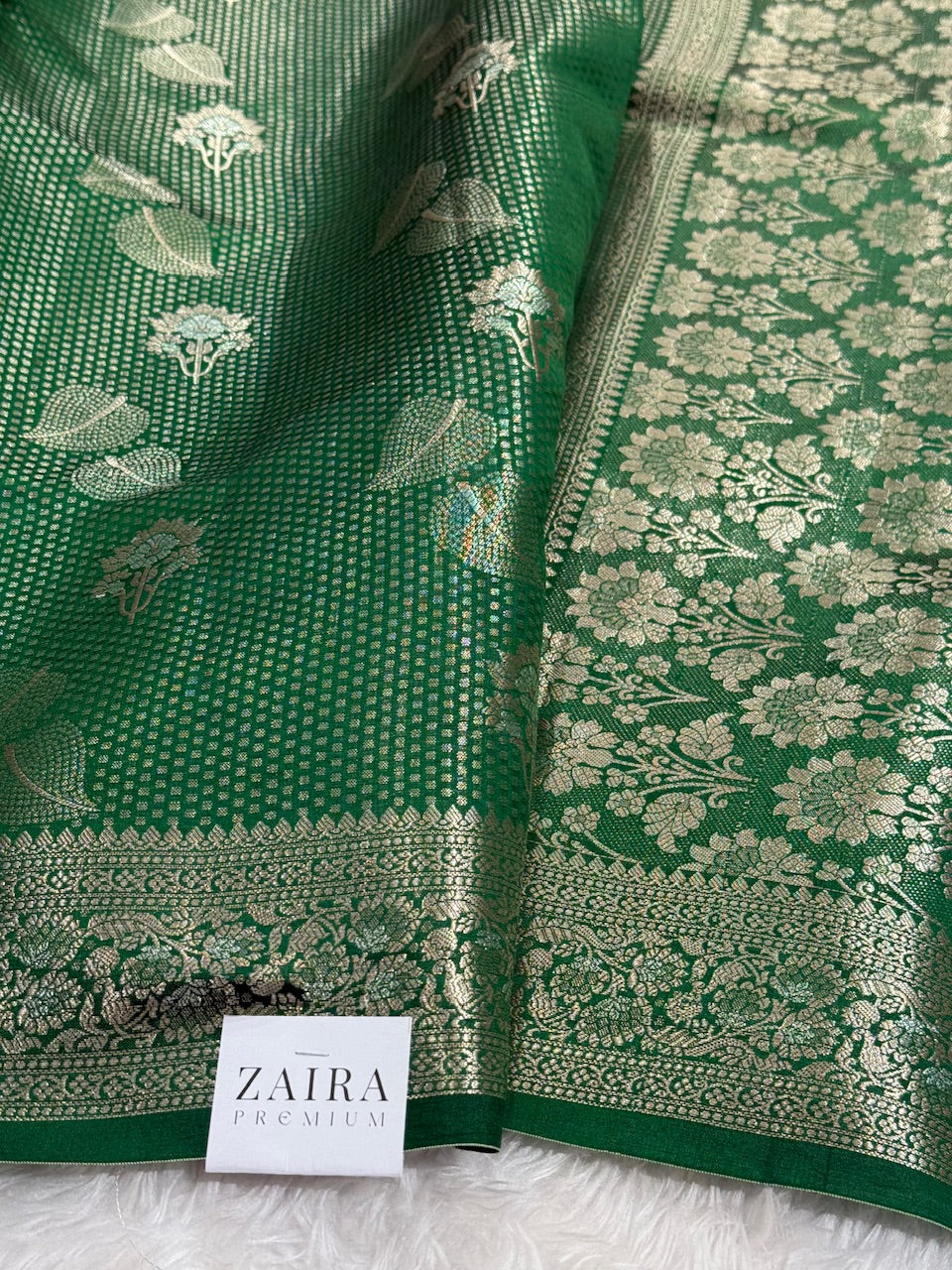 Dark Green Boota Pure Caramel Silk Saree
