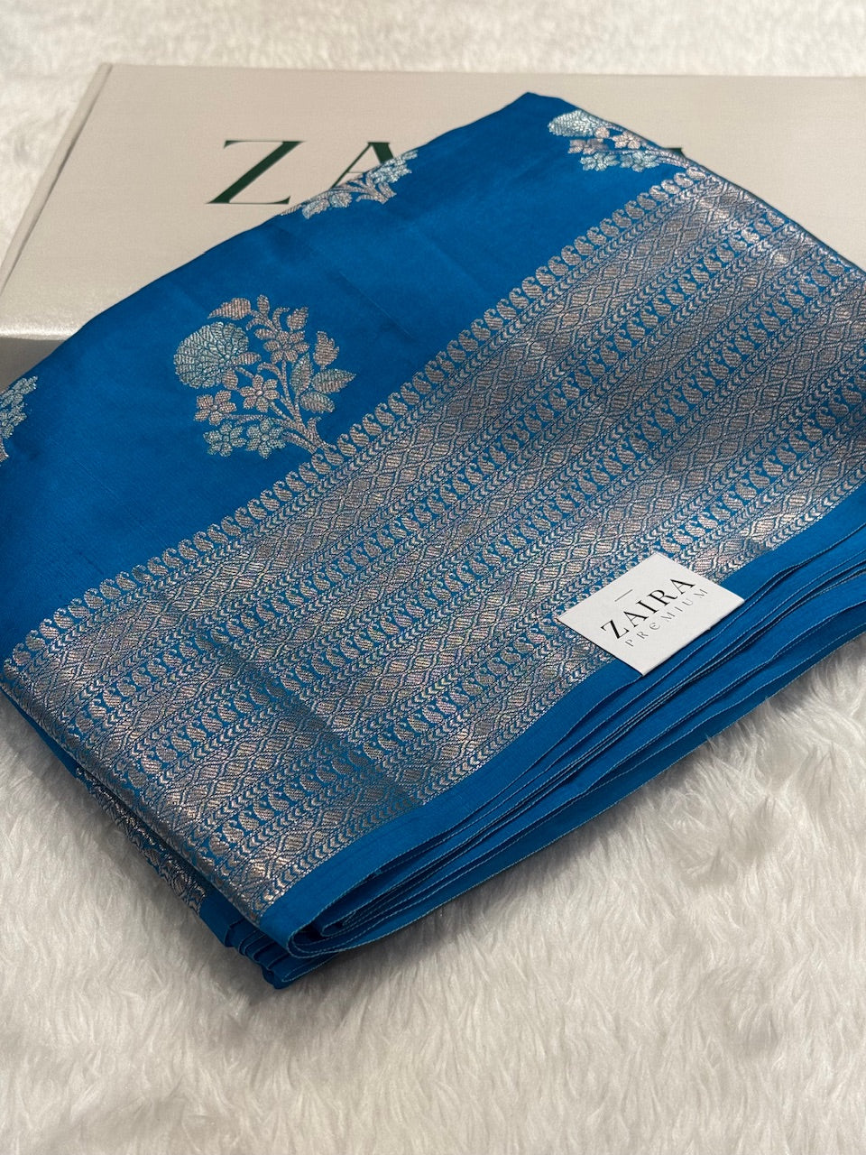 Peacock Blue Flower Booti Pure Caramel Silk Saree
