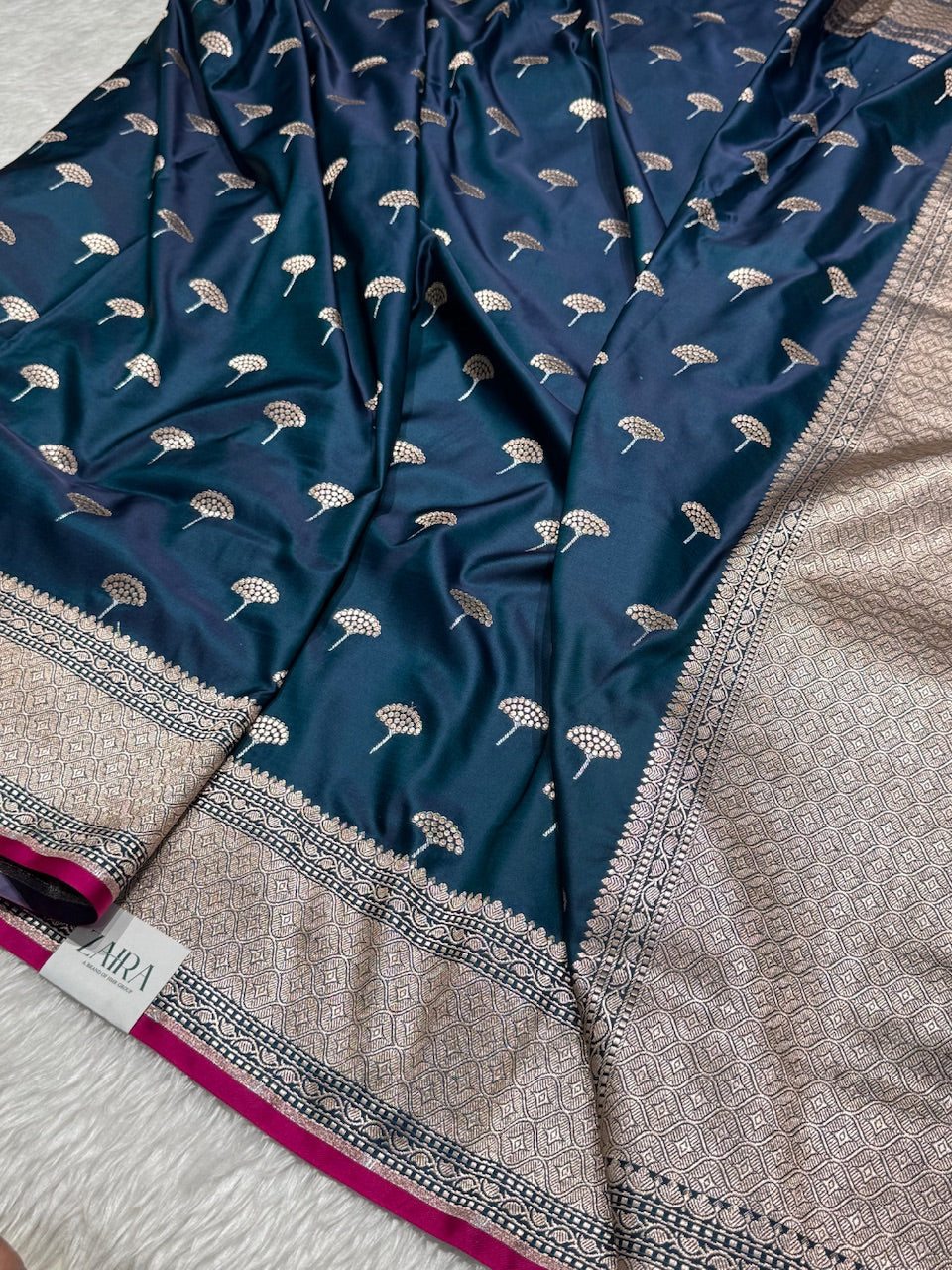 Navy Blue floral Motif Mashru Silk Saree