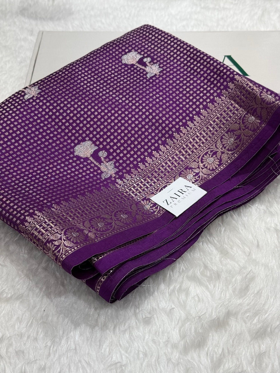 Grape Purple Flower Booti Pure Caramel Silk Saree