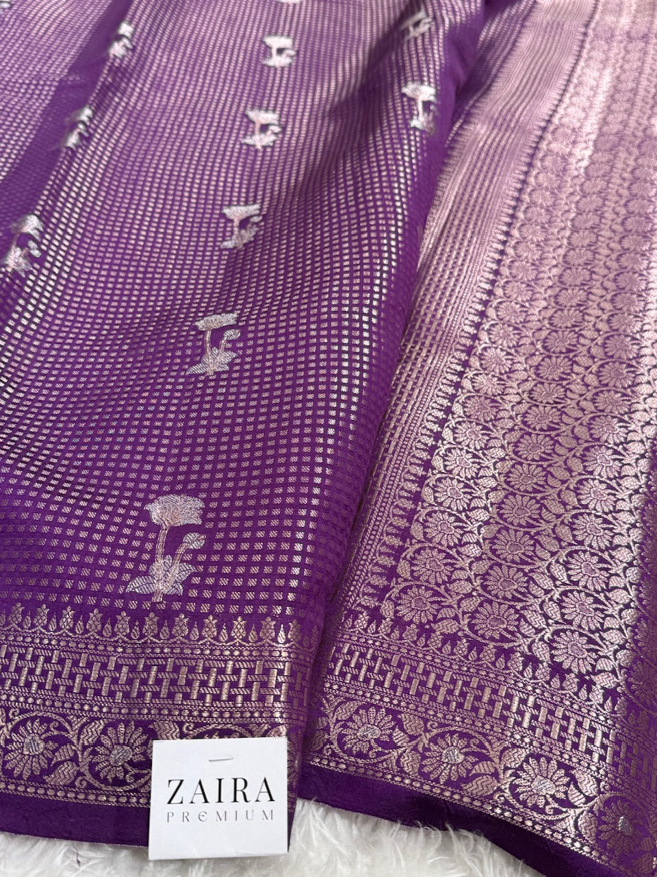 Grape Purple Flower Booti Pure Caramel Silk Saree