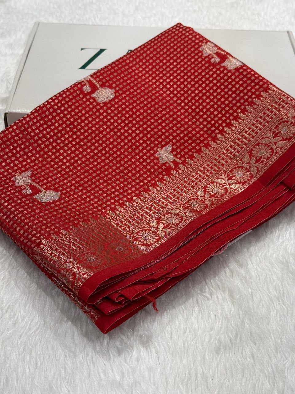 Red Flower Booti Pure Caramel Silk Saree