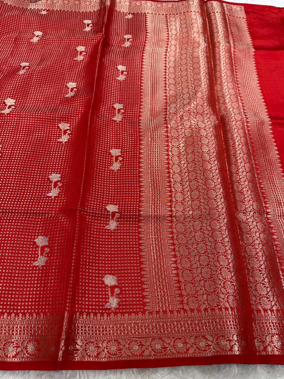 Red Flower Booti Pure Caramel Silk Saree