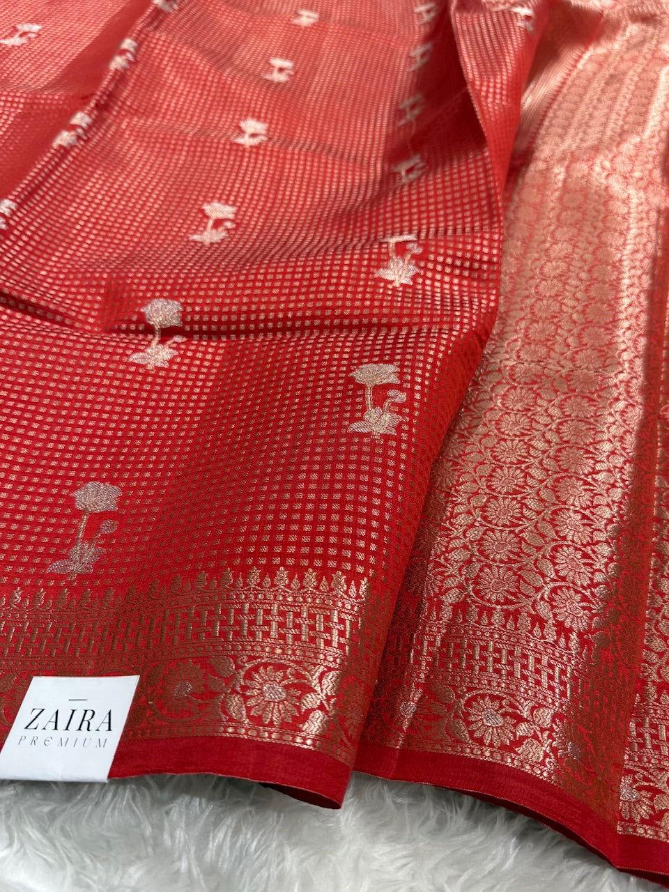 Red Flower Booti Pure Caramel Silk Saree
